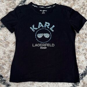 Karl Lagerfeld Black Tee with Blue Sequin Graphic